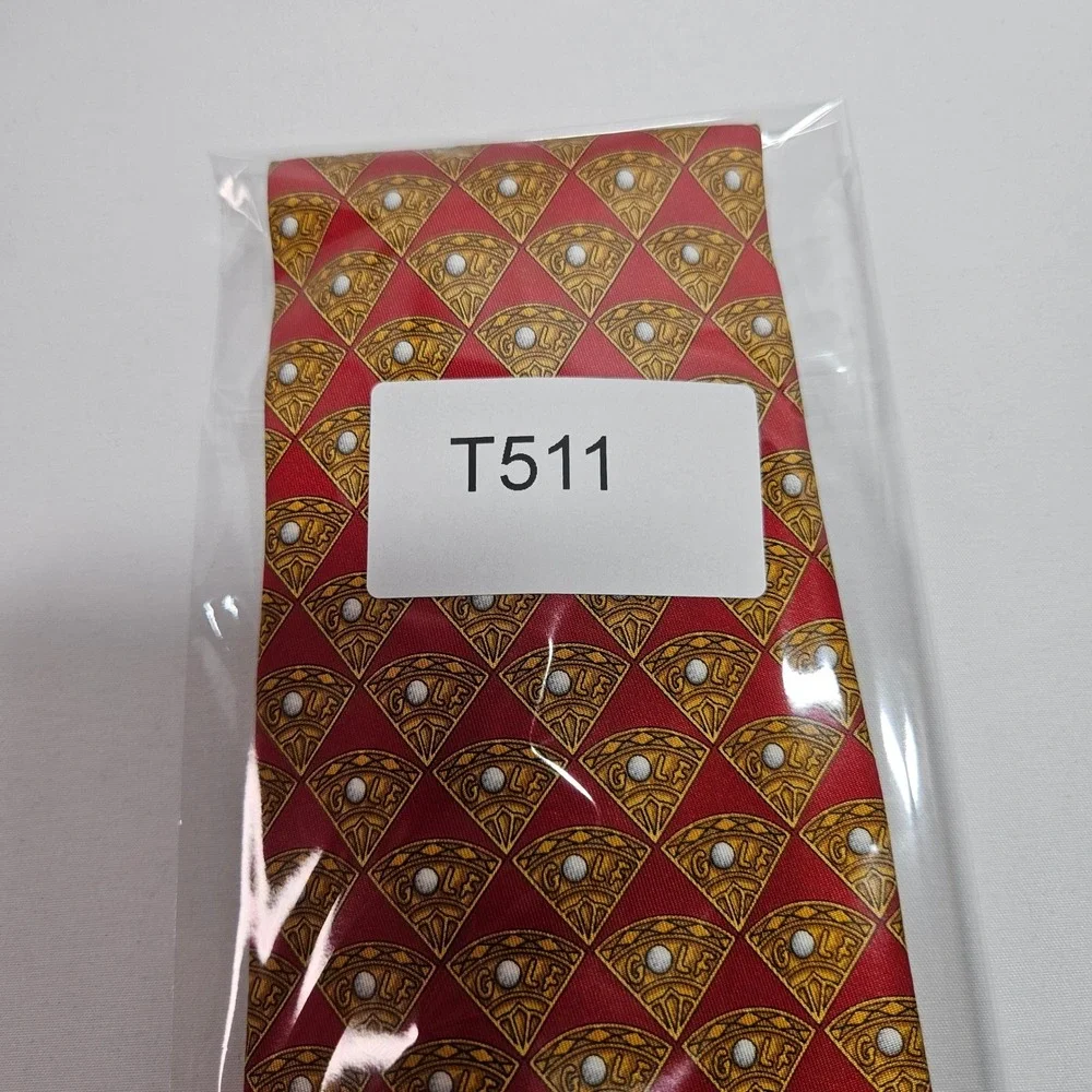 Gucci Mens Silk Tie Red Gold Golf Ball‎ Fan Pattern Italy Luxury Necktie 4